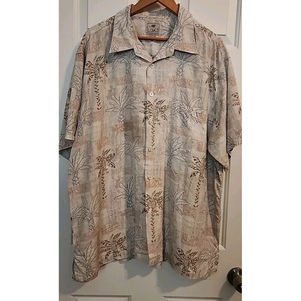 Luau Mens 2XL Beige Button Up 100% Finest Silk Brown Hawaiian Short Sleeve - Picture 7 of 8